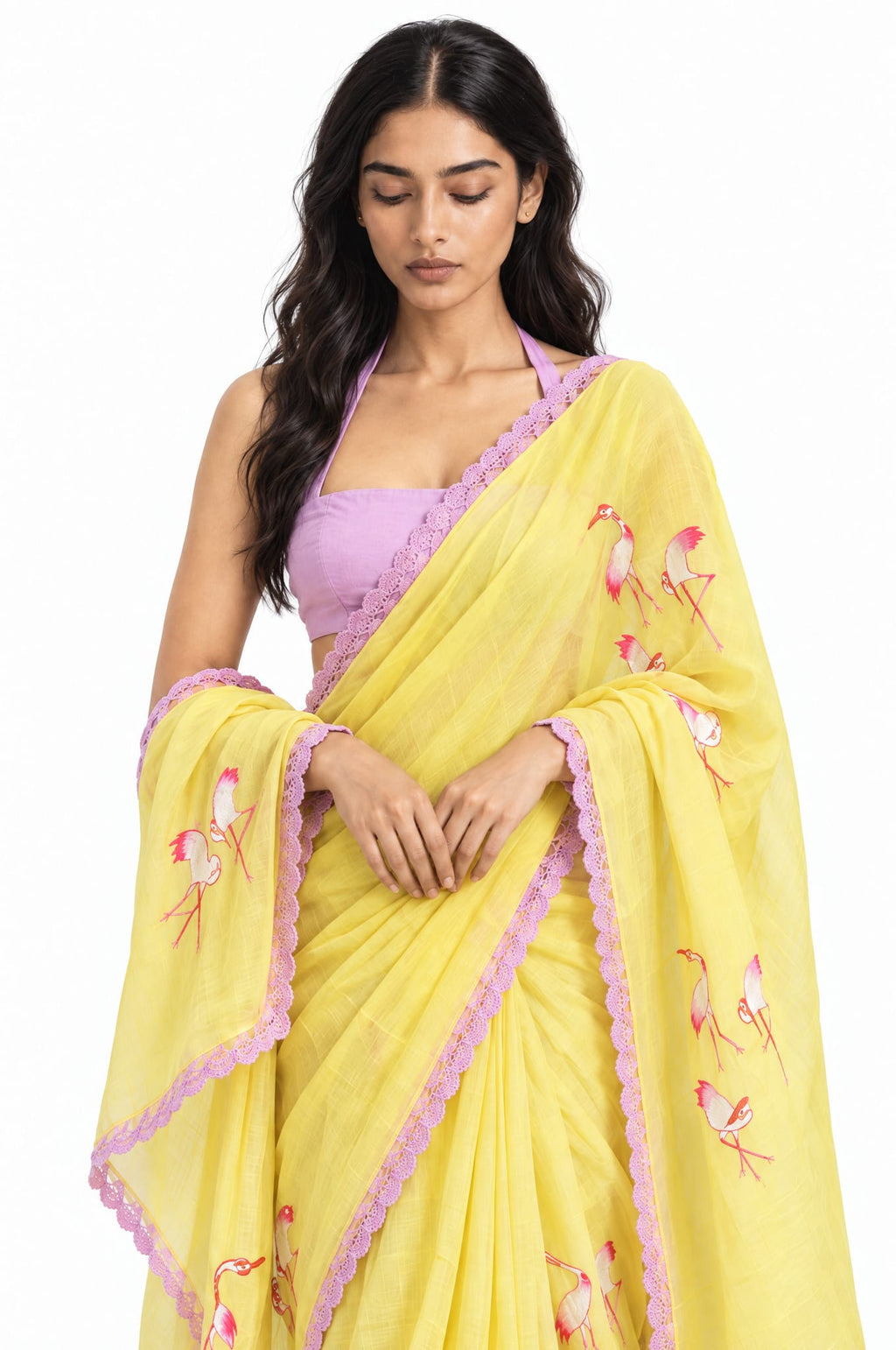 Wilderness in Thread Saree Saree Summer Yellow & Pink Mul Chanderi Saree