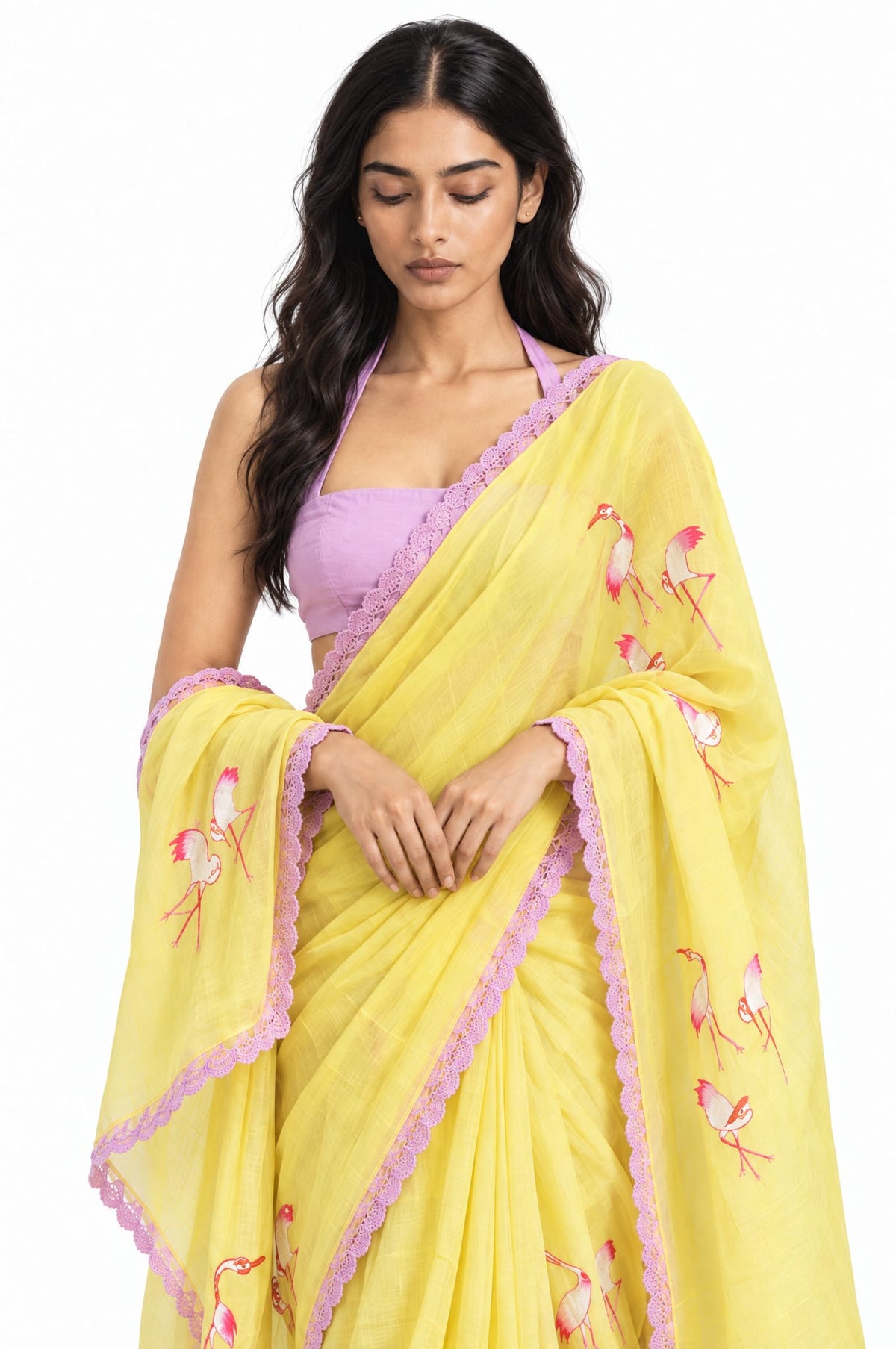 Wilderness in Thread Saree Saree Summer Yellow & Pink Mul Chanderi Saree