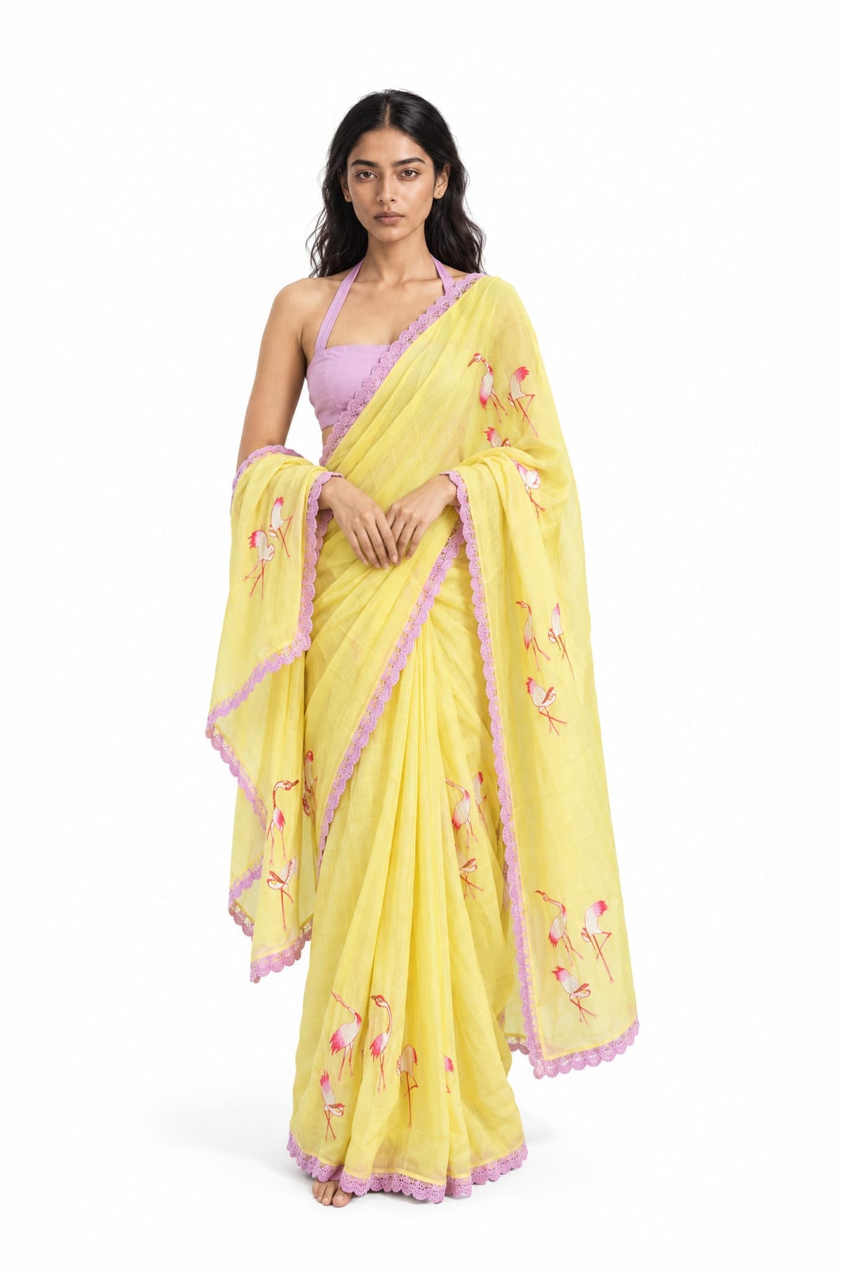 Wilderness in Thread Saree Saree Summer Yellow & Pink Mul Chanderi Saree