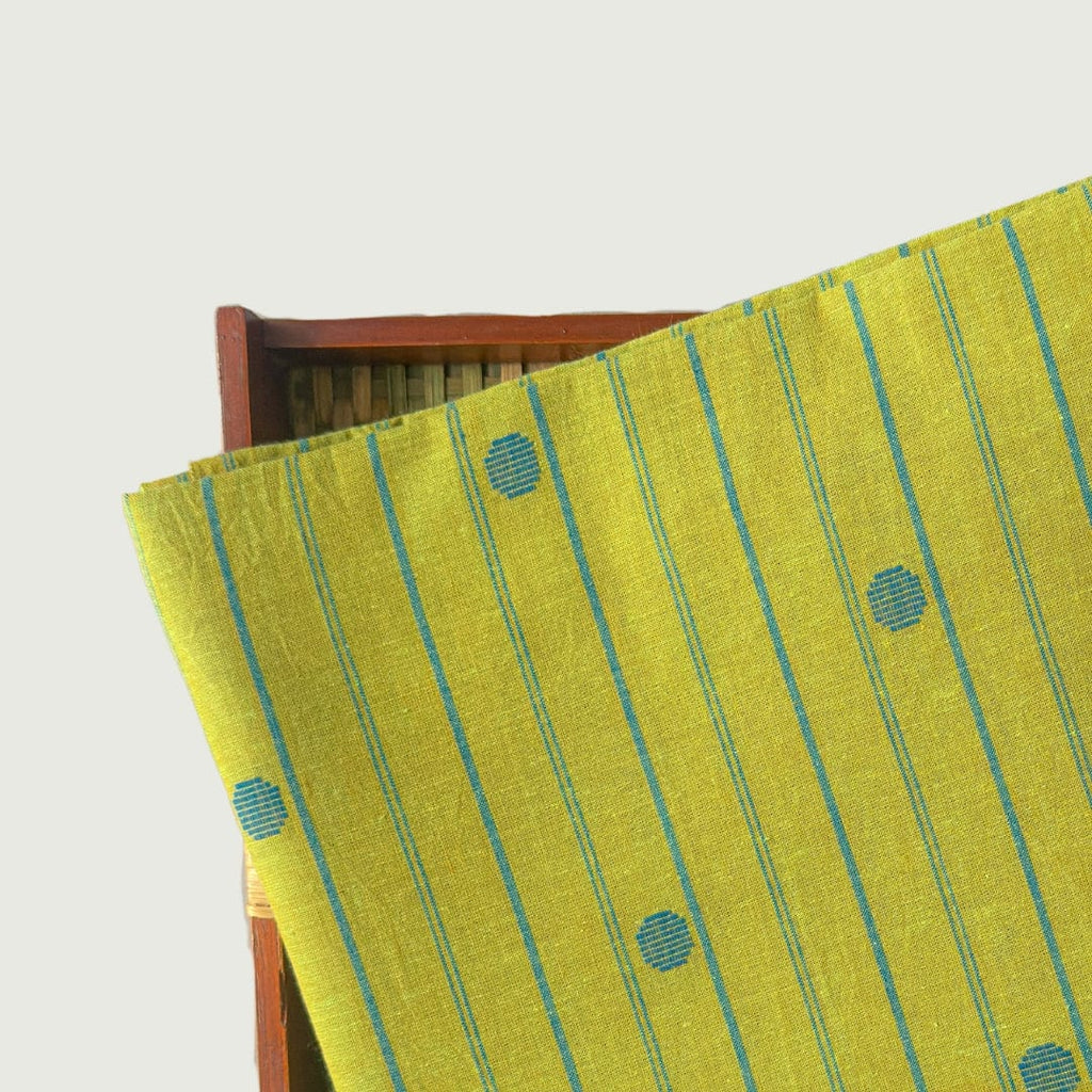 Woven Fabric Fabric Dusty Green & Blue Stripes with Polka Woven Pure Handloom Cotton Fabric (Width 44 Inches)