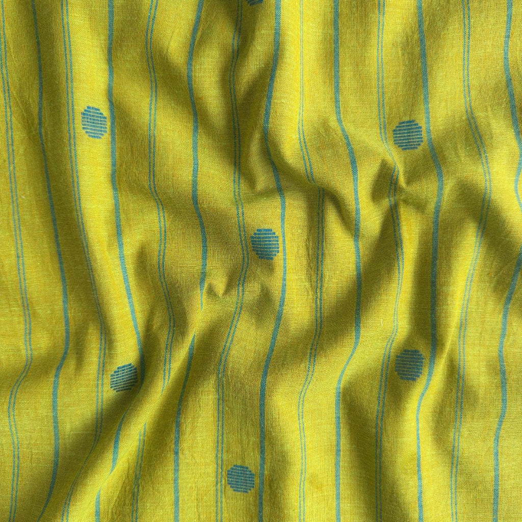 Woven Fabric Fabric Dusty Green & Blue Stripes with Polka Woven Pure Handloom Cotton Fabric (Width 44 Inches)