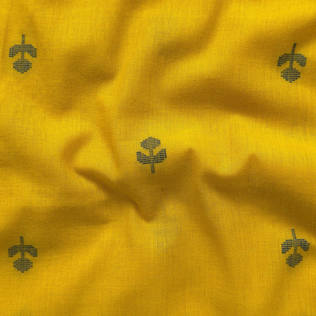 Woven Fabric Fabric Mustard Yellow & Blue Floral Woven Pure Cotton Fabric (Width 44 Inches)