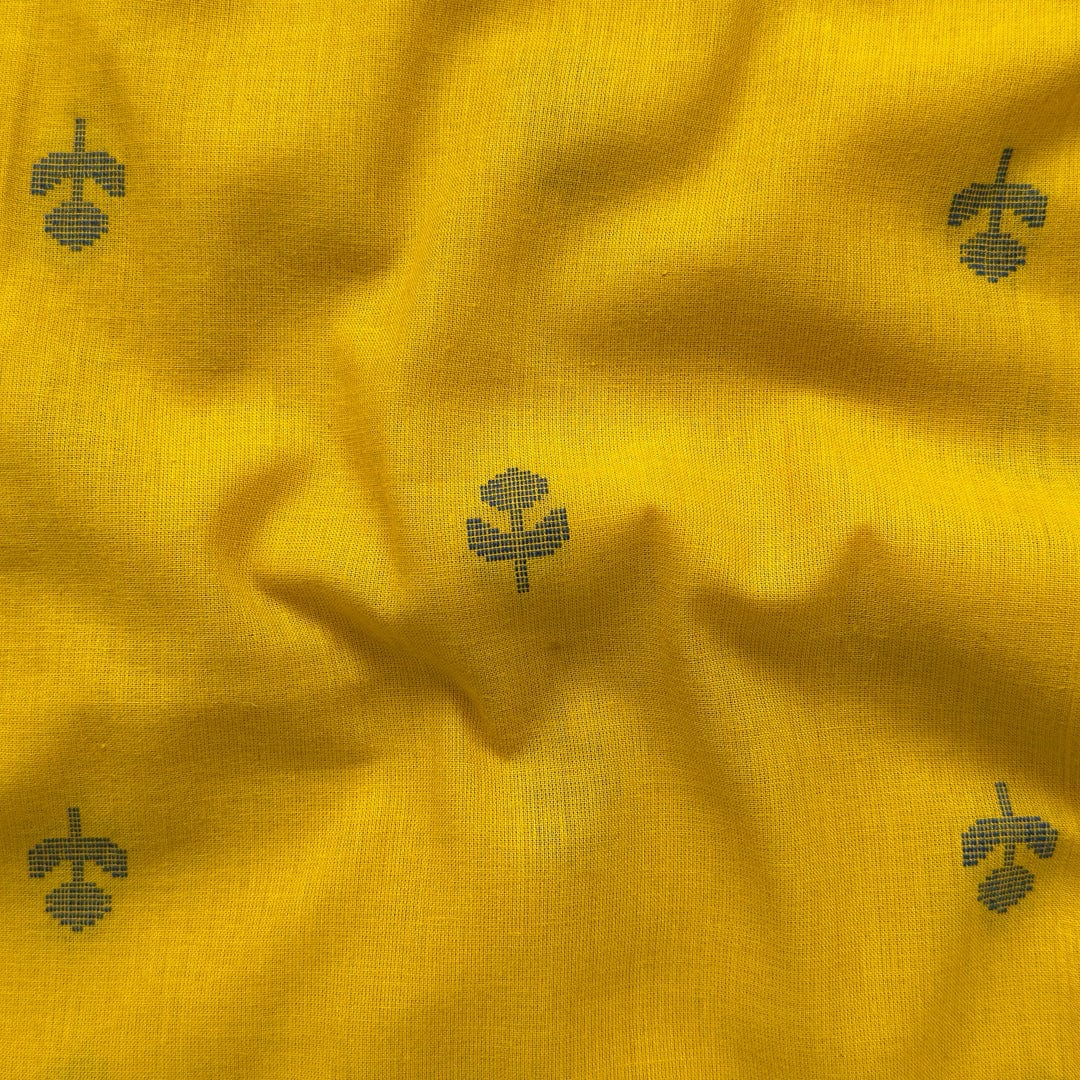 Woven Fabric Fabric Mustard Yellow & Blue Floral Woven Pure Cotton Fabric (Width 44 Inches)