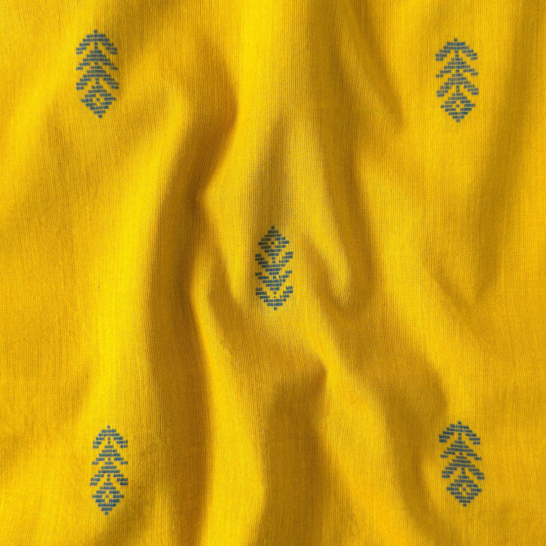 Woven Fabric Fabric Mustard Yellow & Blue Tribal Floral Woven Pure Cotton Fabric (Width 44 Inches)