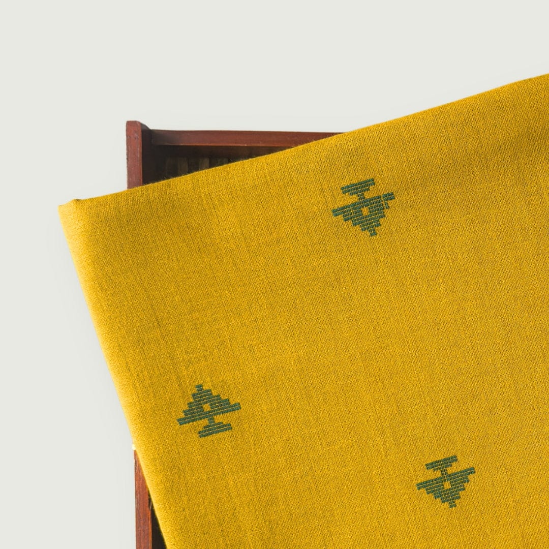 Woven Fabric Fabric Mustard Yellow & Green Geometric Tree Woven Pure Handloom Cotton Fabric (Width 44 Inches)