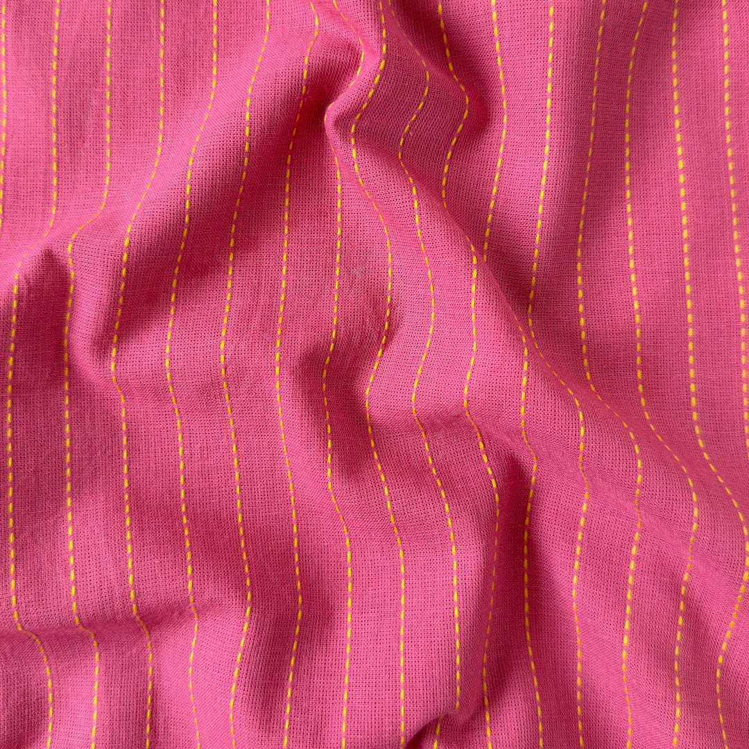 Woven Fabric Fabric Rouge Pink & Yellow Kantha Stripes Woven Pure Cotton Fabric (Width 44 Inches)