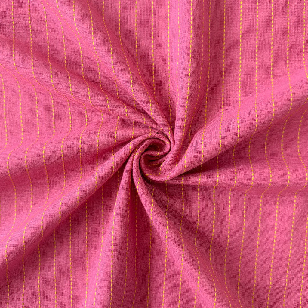 Woven Fabric Fabric Rouge Pink & Yellow Kantha Stripes Woven Pure Cotton Fabric (Width 44 Inches)
