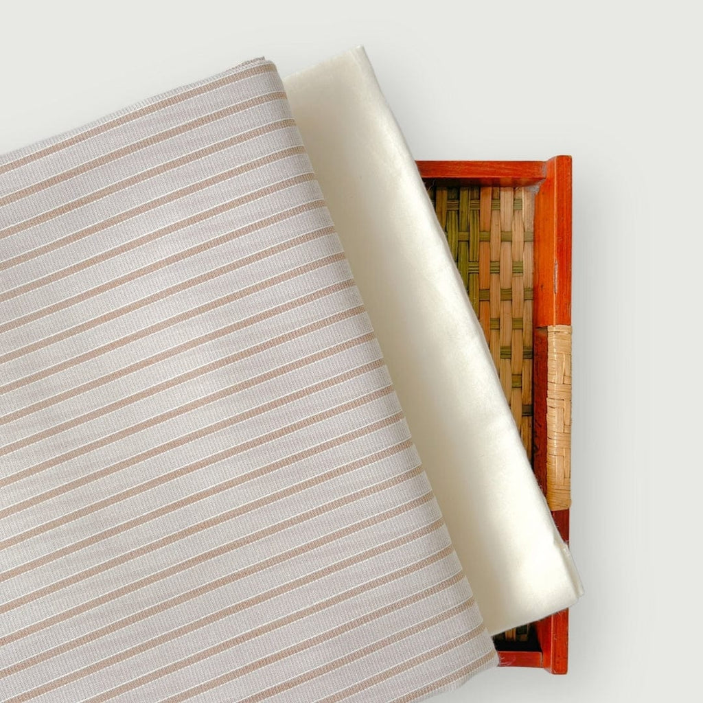 Woven Kurta Set Kurta Set Dusty Beige & Gold Stripes Woven Blended Silk Kurta Fabric (3 Meters) | And Cotton Pyjama (2.5 Meters) | Unstitched Combo Set