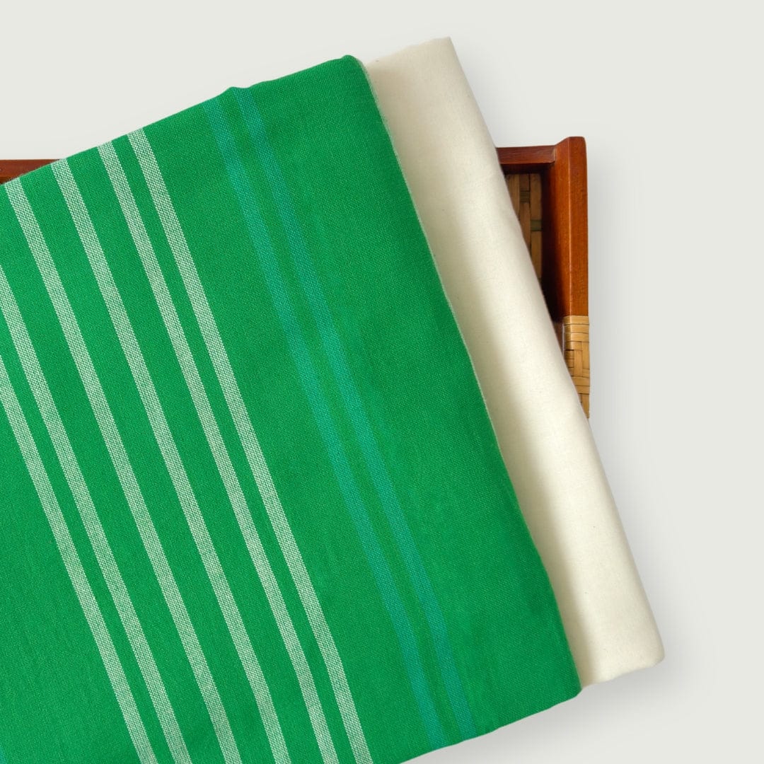 Woven Kurta Set Kurta Set Unisex Bright Green & White Stripes Woven Pure Handloom Cotton Fabric (3 Meters) and Cotton Pyjama (2.5 Meters) Unstitched Combo Set