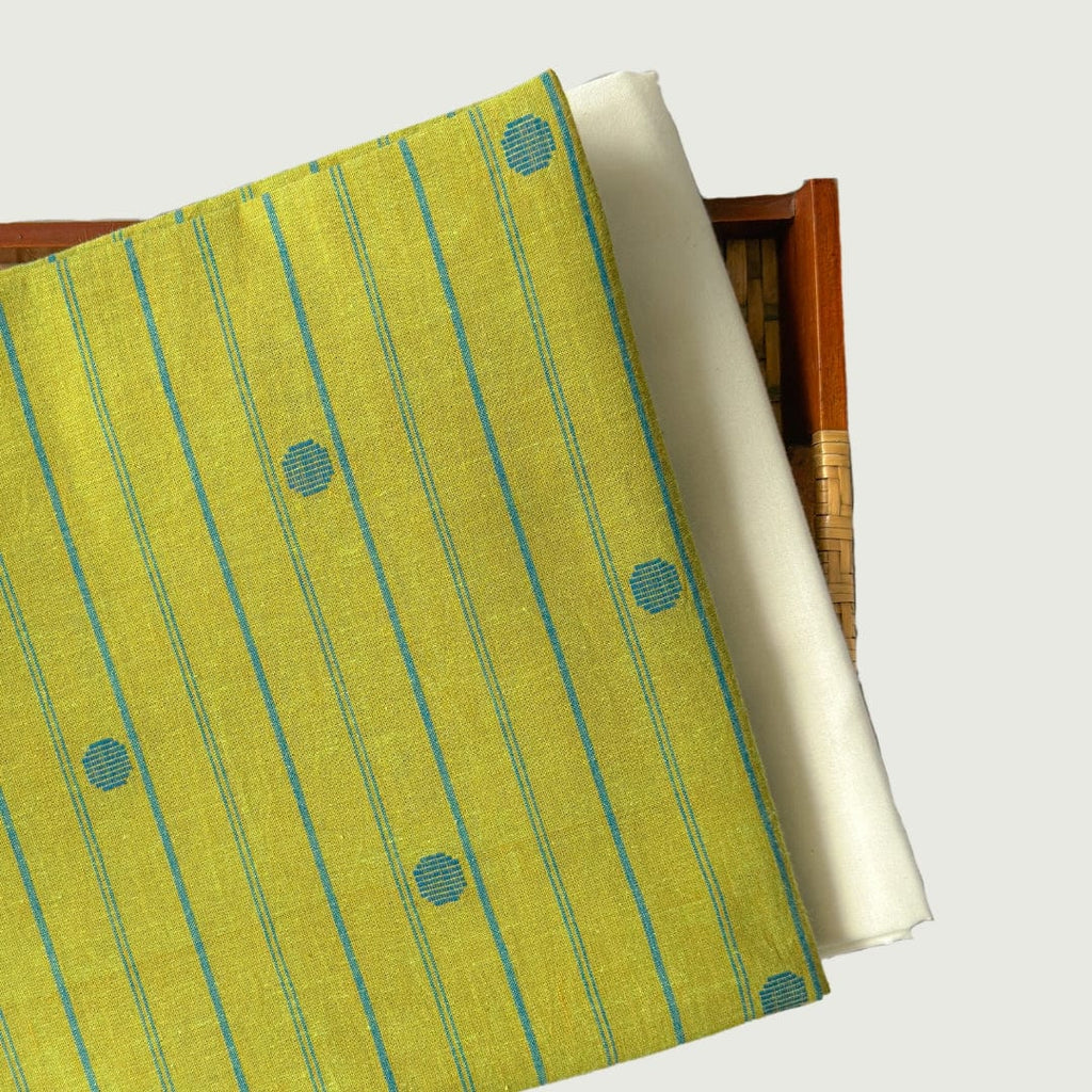 Woven Kurta Set Kurta Set Unisex Dusty Green & Blue Stripes with Polka | Woven Pure Handloom Cotton Fabric (3 Meters) | and Cotton Pyjama (2.5 Meters) | Unstitched Combo Set