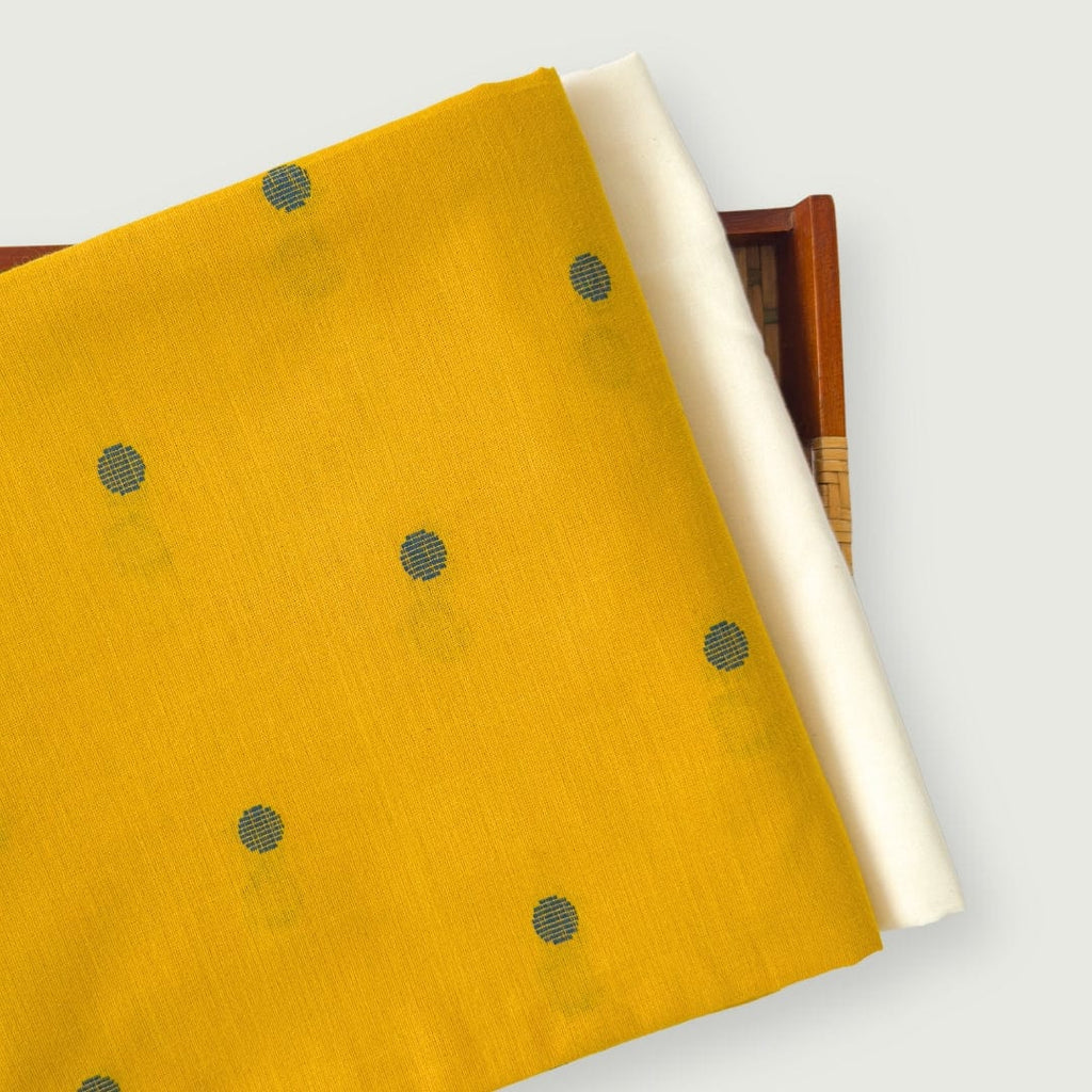 Woven Kurta Set Kurta Set Unisex Mustard Yellow & Blue Polka Woven Pure Handloom Cotton Fabric (3 Meters) and Cotton Pyjama (2.5 Meters) Unstitched Combo Set