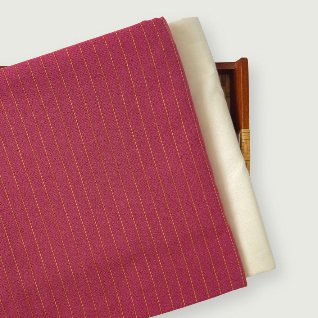 Woven Kurta Set Kurta Set Unisex Rouge Pink & Yellow Kantha Stripes Woven Pure Handloom Cotton Fabric (3 Meters) and Cotton Pyjama (2.5 Meters) Unstitched Combo Set