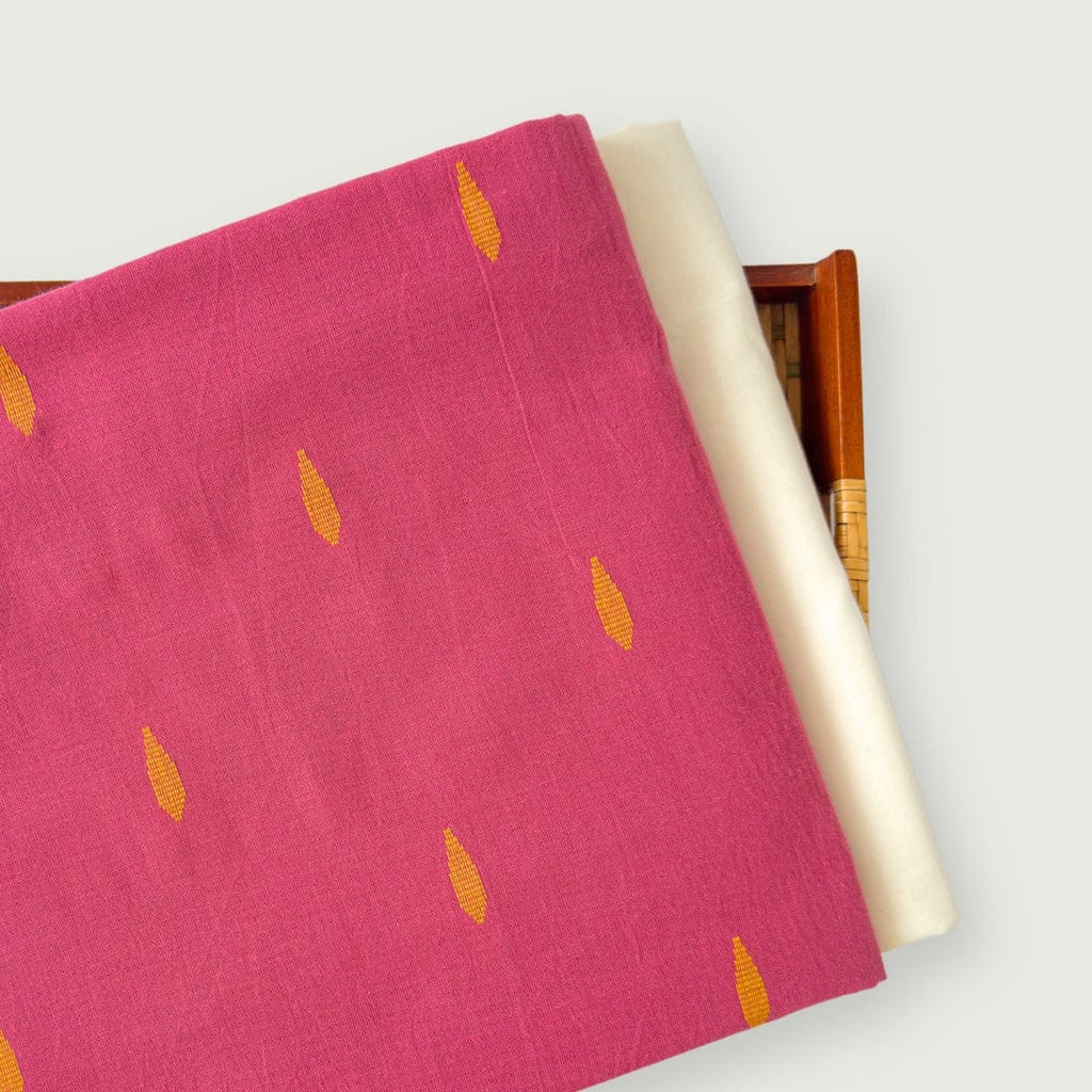 Woven Kurta Set Kurta Set Unisex Rouge Pink & Yellow Leaf Woven Pure Cotton Fabric (3 Meters) and Cotton Pyjama (2.5 Meters) Unstitched Combo Set