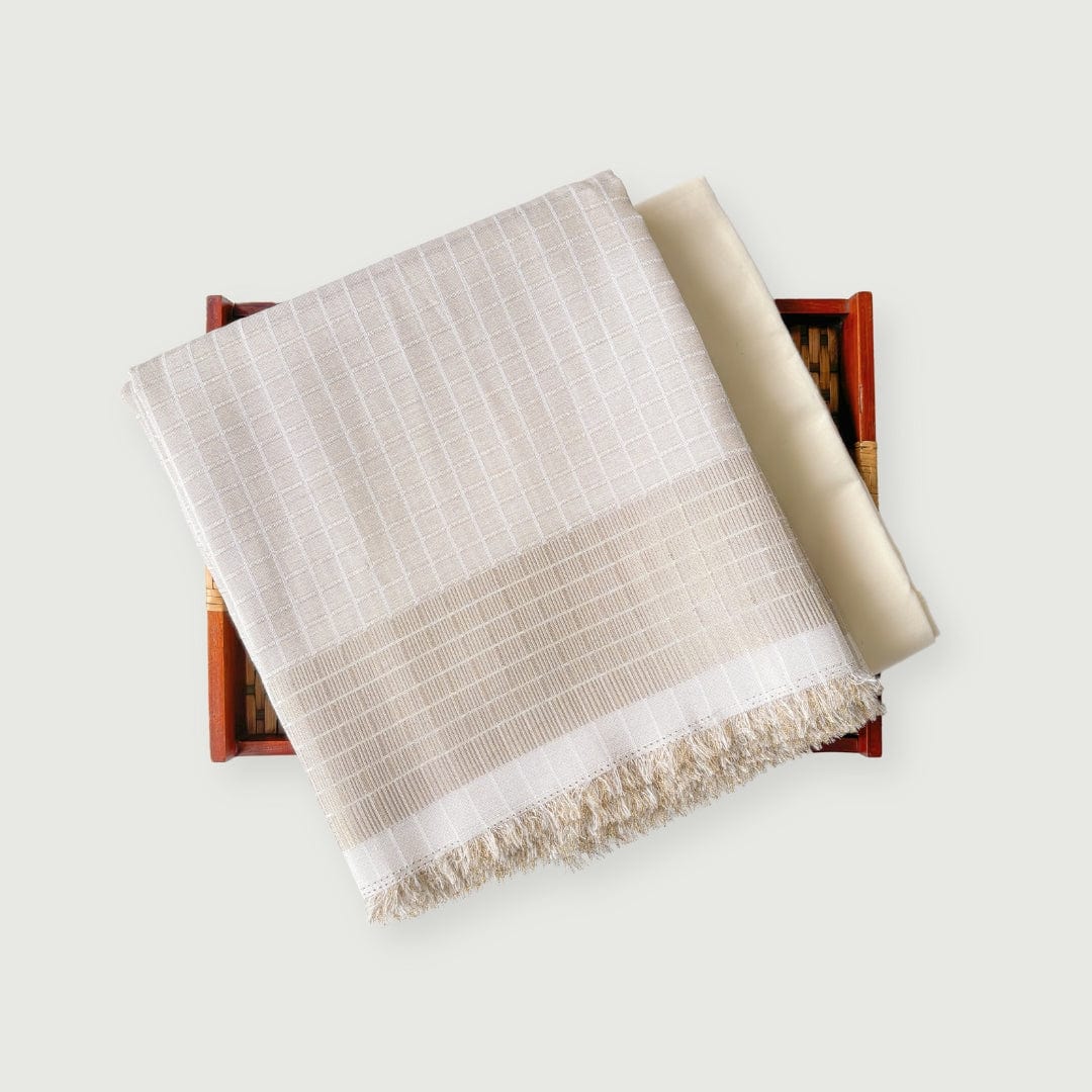 Woven Kurta Set Kurta Set White & Gold Checks Woven Blended Tissue Kurta Fabric (3 Meters) | And Cotton Pyjama (2.5 Meters) | Unstitched Combo Set