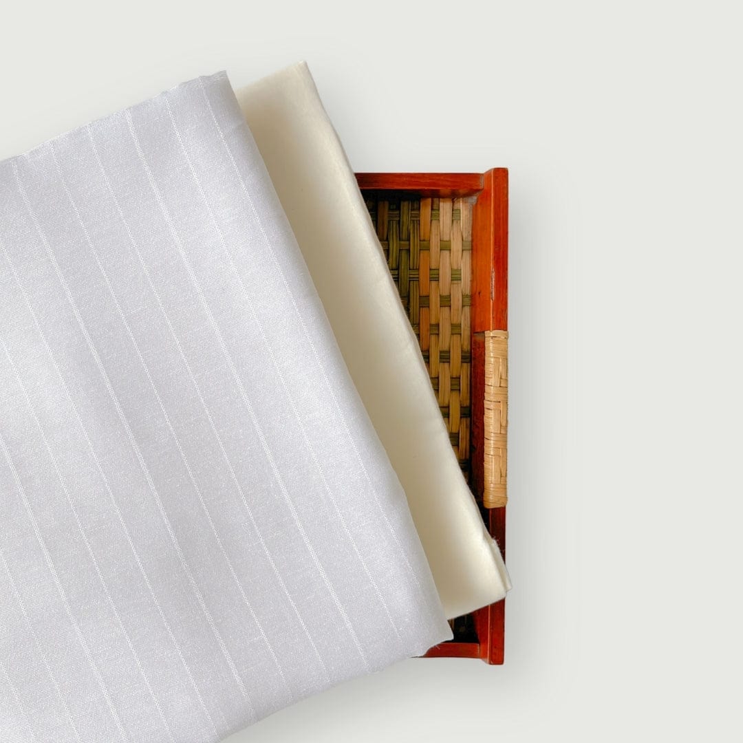 Woven Kurta Set Kurta Set White Plain Stripes Woven Blended Linen Kurta Fabric (3 Meters) | And Cotton Pyjama (2.5 Meters) | Unstitched Combo Set