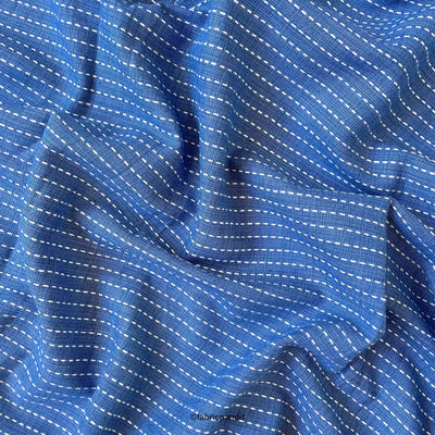 Woven Kurta Sets Cut Piece (CUT PIECE) Denim Blue & Off - White Kantha Stripes Woven Pure Cotton Kurta Fabric (Width 42 Inches)