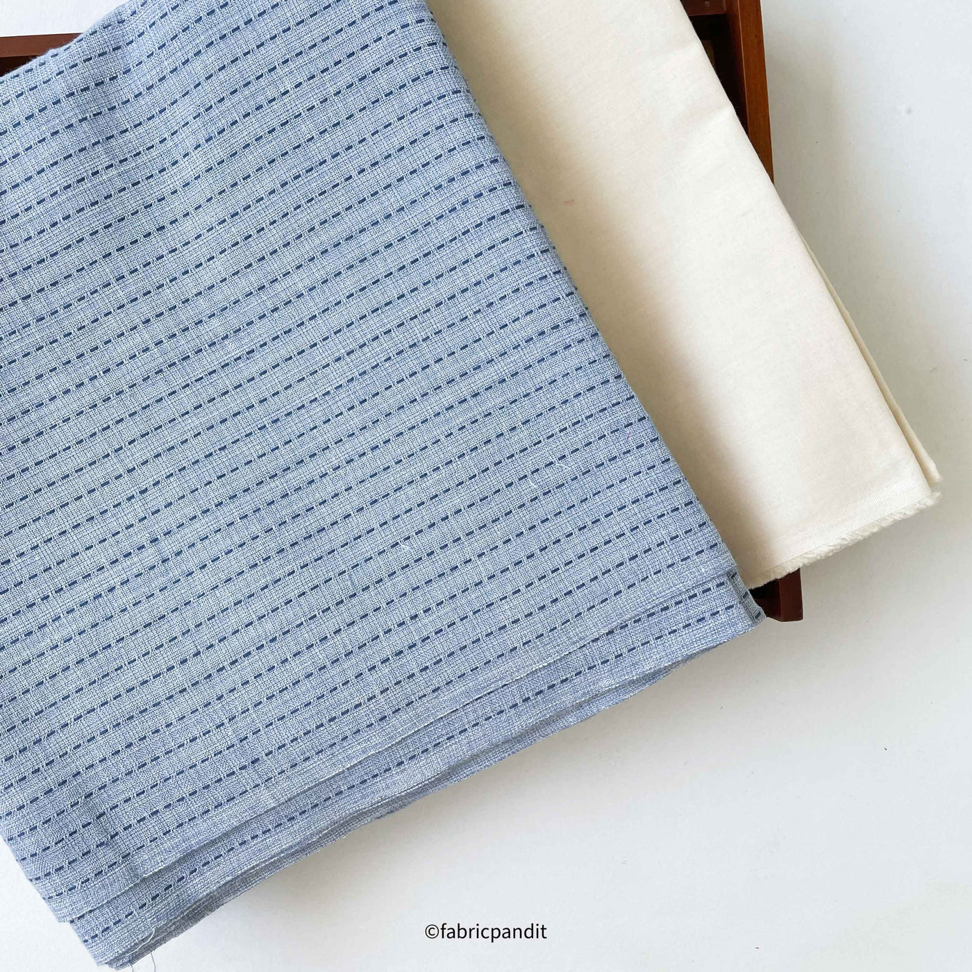Woven Kurta Sets Cut Piece (CUT PIECE) Light Blue & Off - White Kantha Stripes Woven Pure Cotton Kurta Fabric (Width 42 Inches)