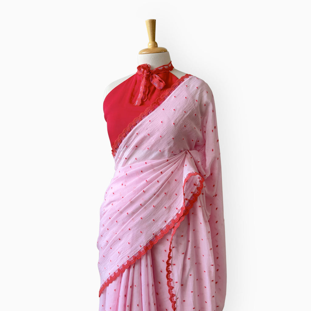 Woven Mul Chanderi Saree Saree Blush Pink & Red Mul Chanderi Saree