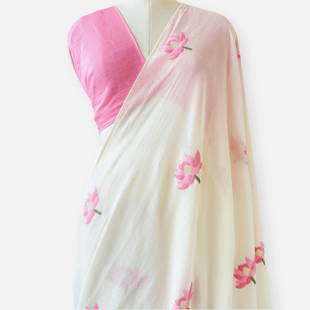 Woven Saree Saree Off-White & Pink The Sweet Lotus Jamdani Woven Pure Mul Cotton Saree With Unstitched Blouse Piece