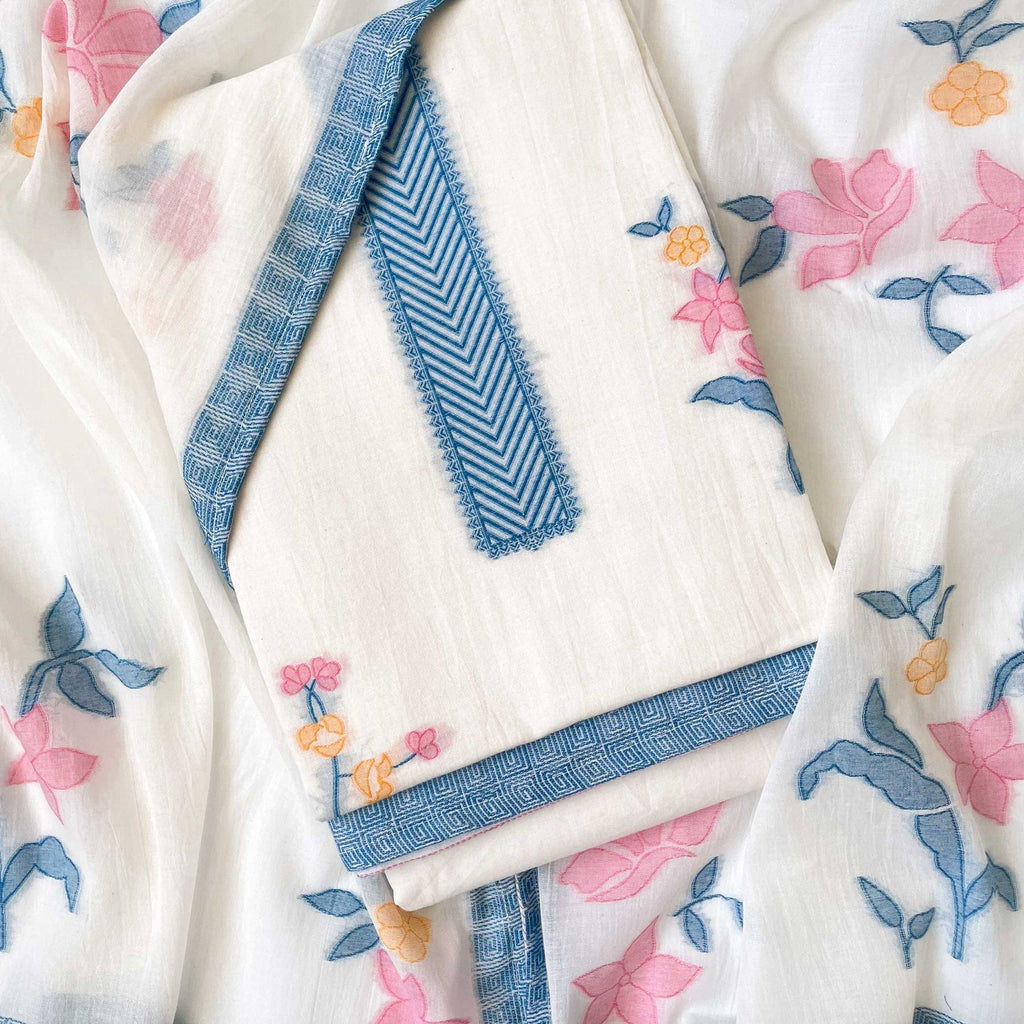 Woven Suit Set Unstitched Suit Aqua Blue & Peach Blooming Lilies Woven Pure Cotton Unstitched Suit Set