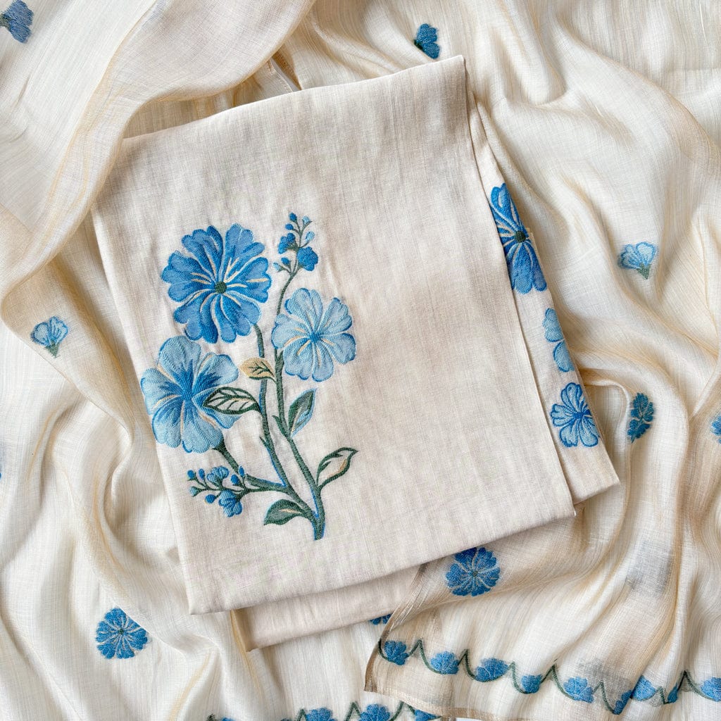 Woven Suit Set Unstitched Suit Beige & Blue The Queen's Flower Woven Silk Linen Unstitched Suit Set