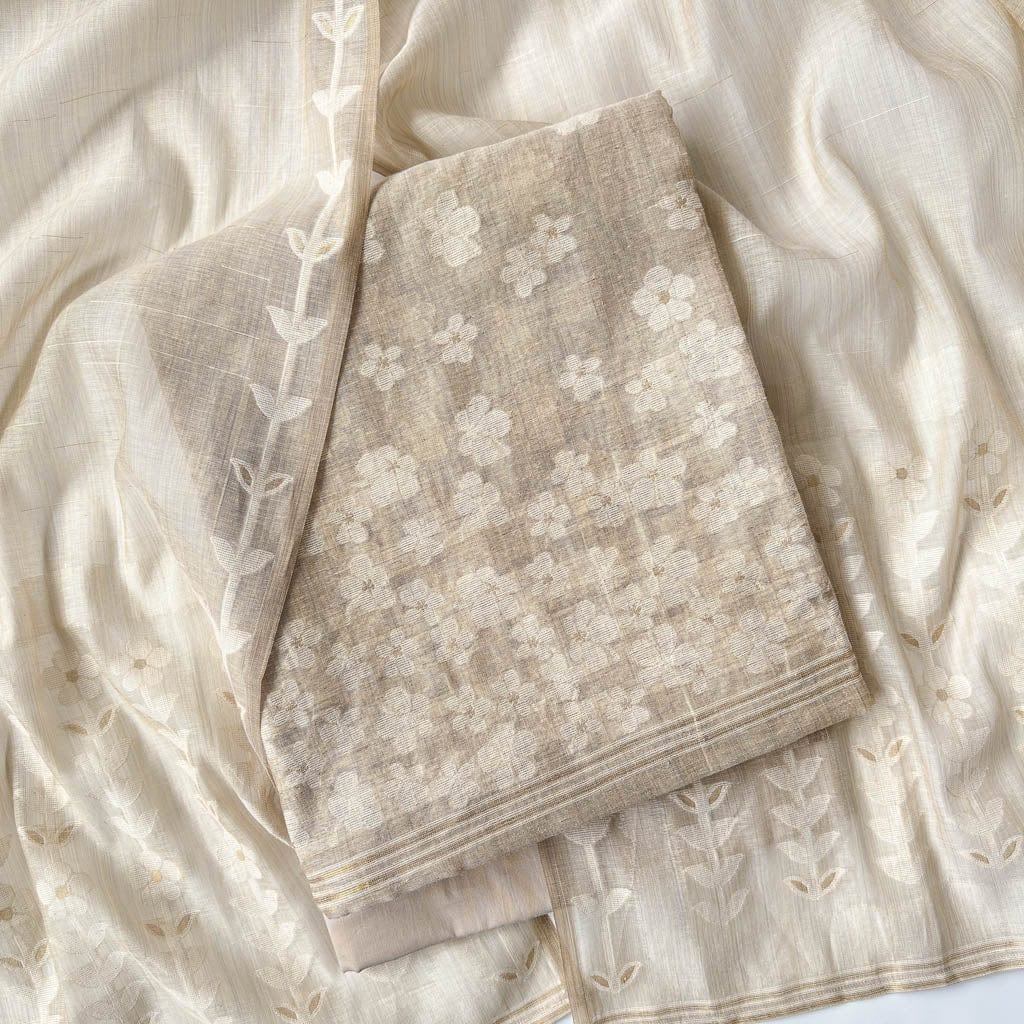 Woven Suit Set Unstitched Suit Beige & White Floral Jamdani Woven Silk Linen Unstitched Suit Set