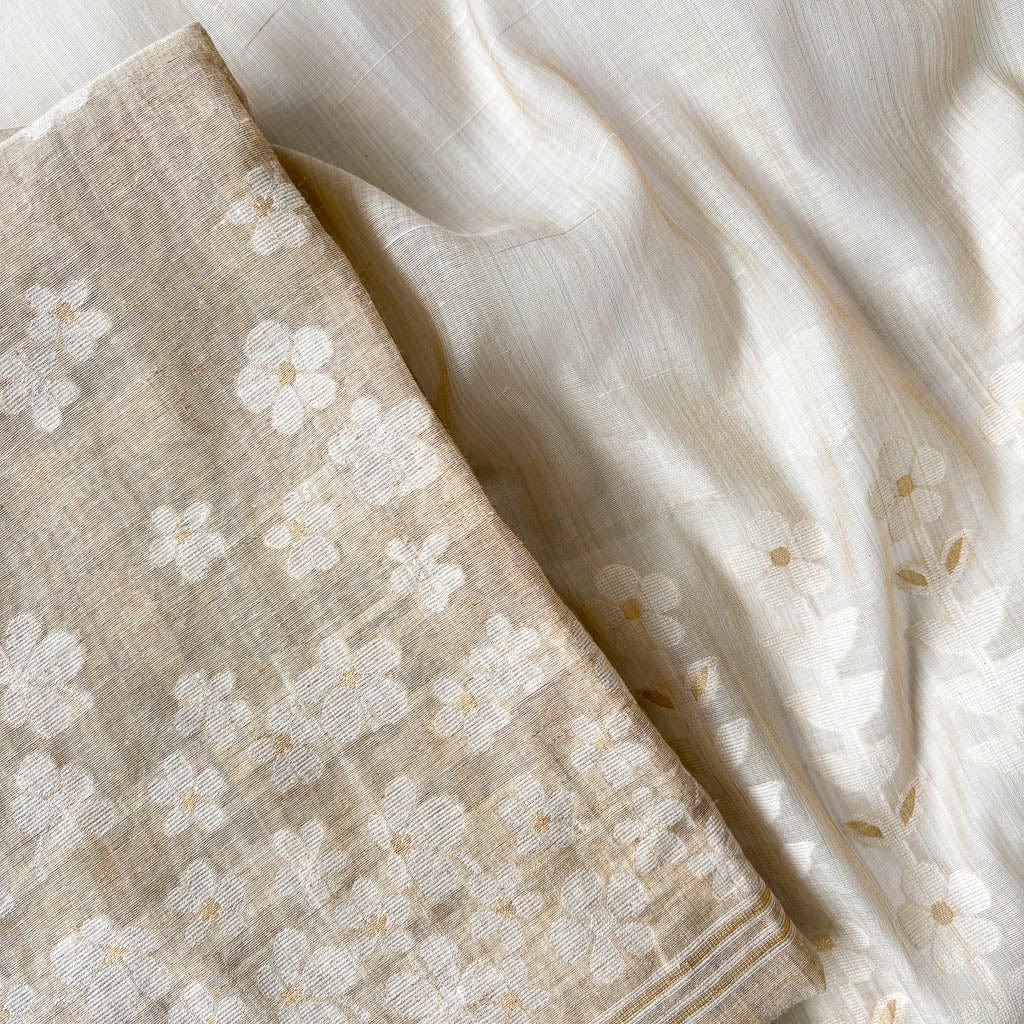 Woven Suit Set Unstitched Suit Beige & White Floral Jamdani Woven Silk Linen Unstitched Suit Set