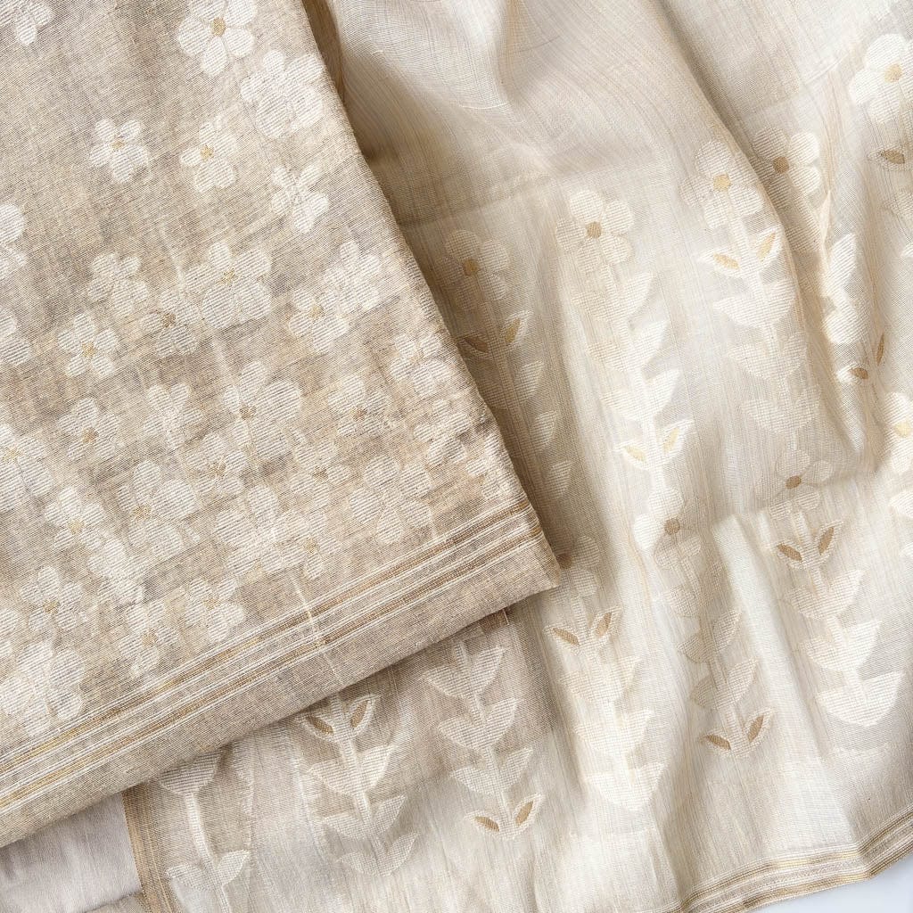 Woven Suit Set Unstitched Suit Beige & White Floral Jamdani Woven Silk Linen Unstitched Suit Set