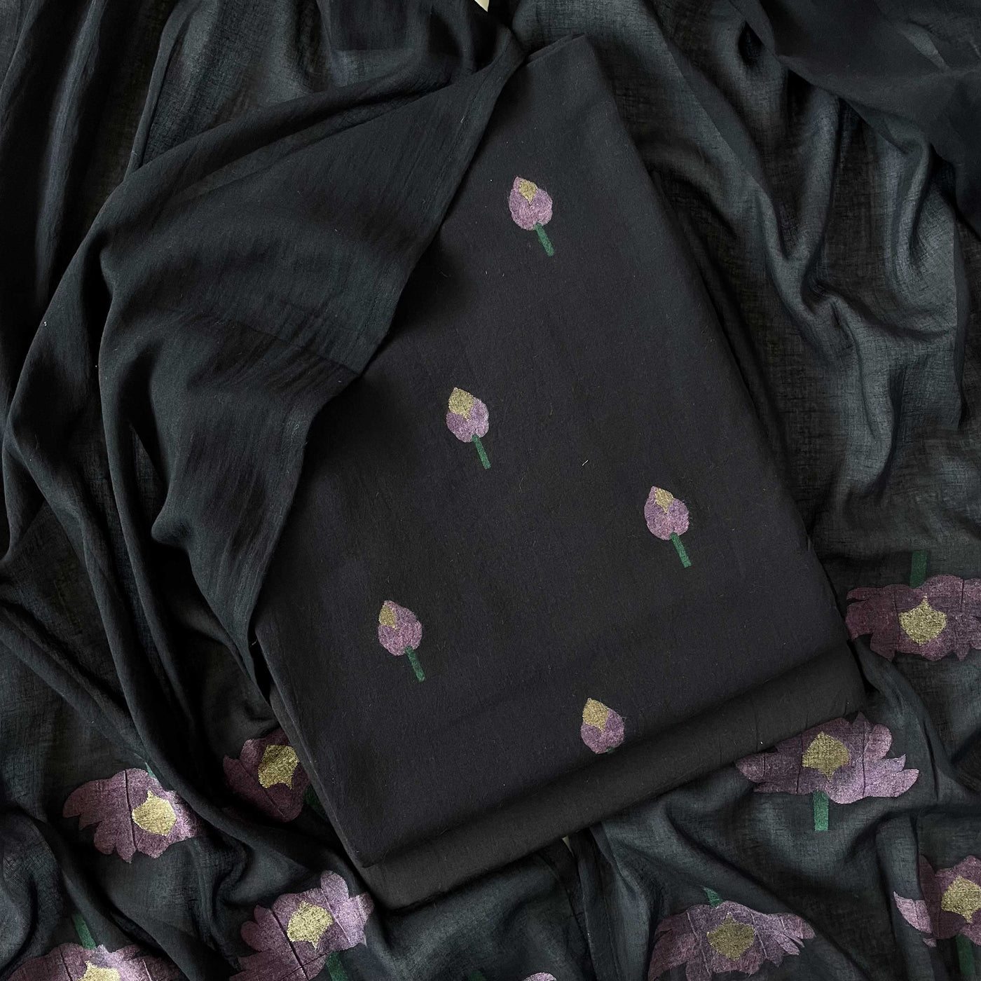 Woven Suit Set Unstitched Suit Black & Pink The Sweet Lotus Jamdani Woven Pure Cotton Unstitched Suit Set