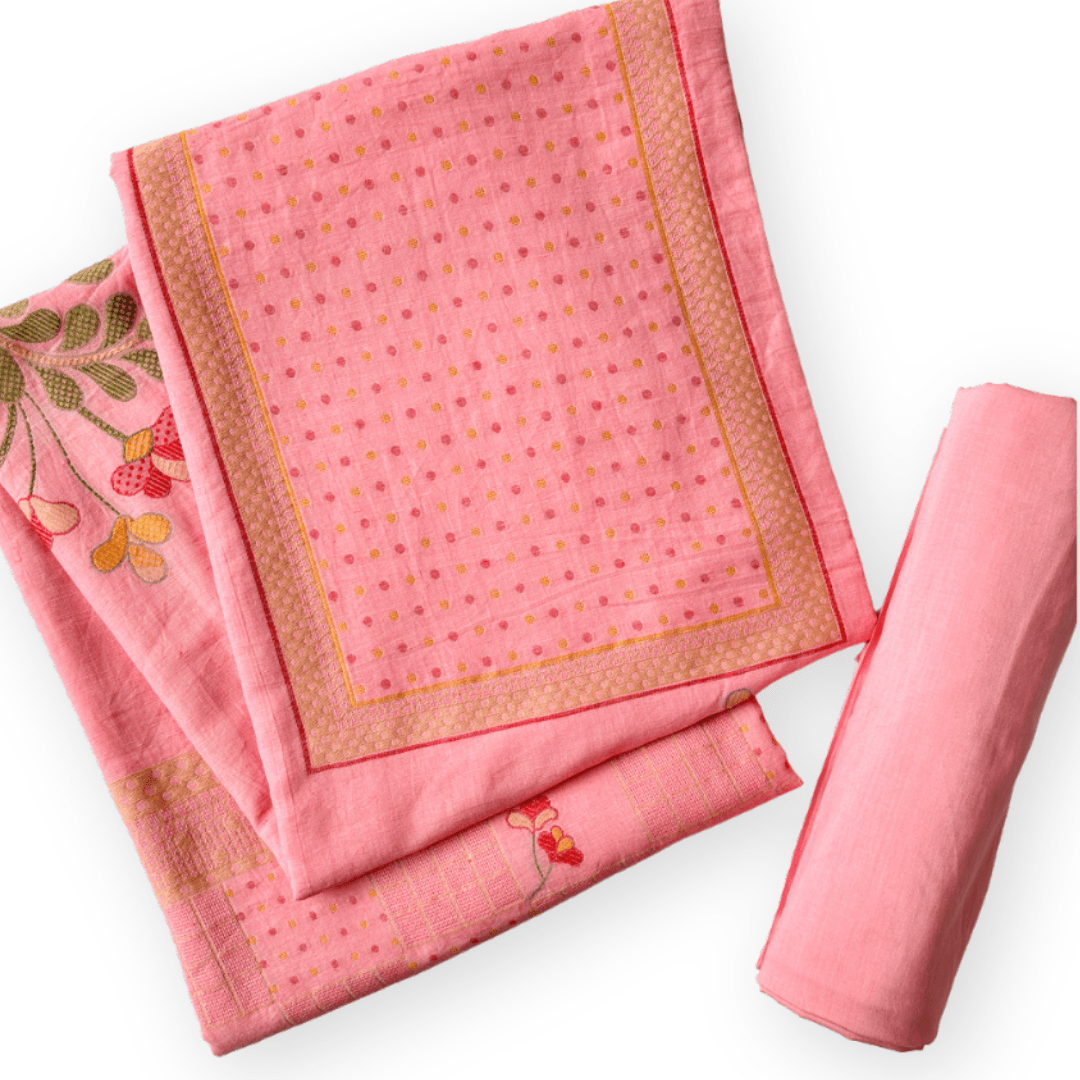 Woven Suit Set Unstitched Suit Bright Pink Blushing Blooms Woven Pure Linen Kurta Fabric (2.5 Meters) | and Cotton Pyjama (2.5 Meters) | Unstitched Combo Set