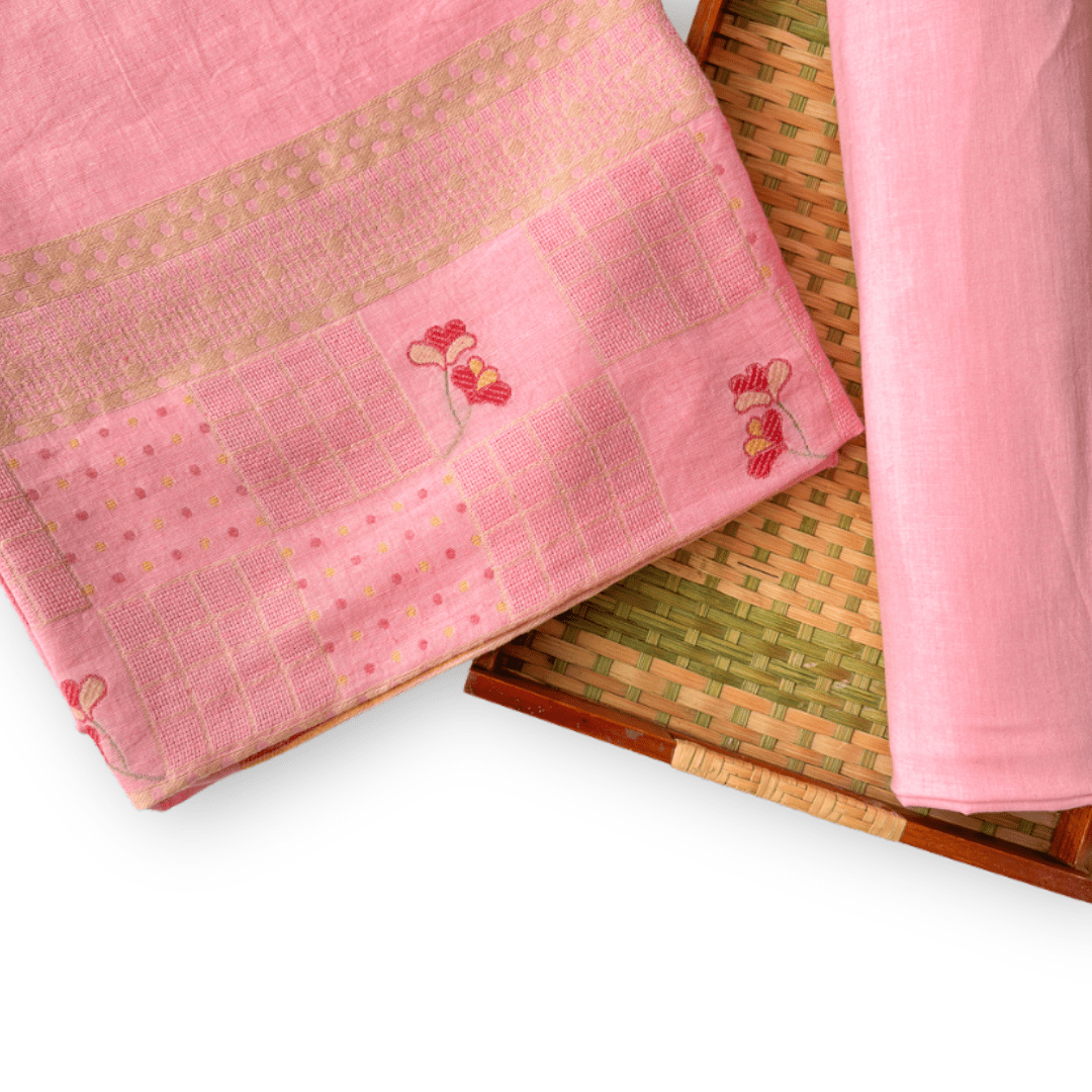 Woven Suit Set Unstitched Suit Bright Pink Blushing Blooms Woven Pure Linen Kurta Fabric (2.5 Meters) | and Cotton Pyjama (2.5 Meters) | Unstitched Combo Set