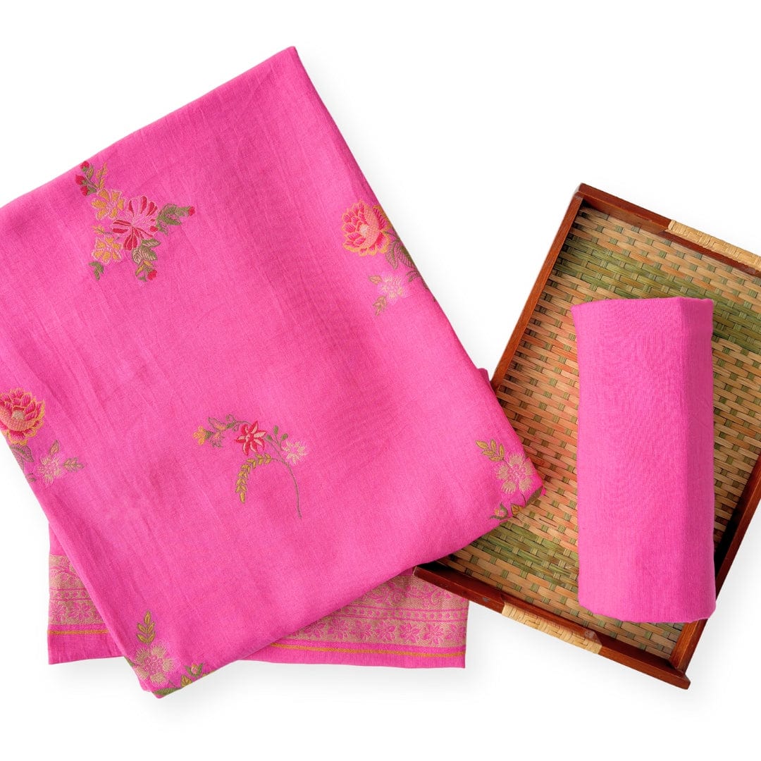Woven Suit Set Unstitched Suit Bright Pink Flowers From Heaven Pure Linen Kurta Fabric (2.5 Meters) | and Cotton Pyjama (2.5 Meters) | Unstitched Combo Set