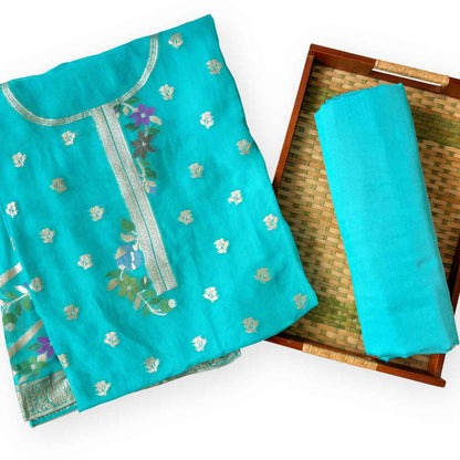 Woven Suit Set Unstitched Suit Bright Turquoise & Gold Traditional Floral Woven Organza Kurta Fabric (2.5 Meters) | and Cotton Pyjama (2.5 Meters) | Unstitched Combo Set