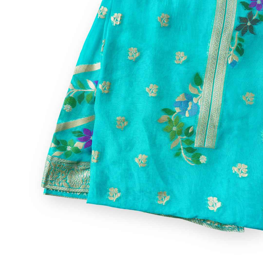 Woven Suit Set Unstitched Suit Bright Turquoise & Gold Traditional Floral Woven Organza Kurta Fabric (2.5 Meters) | and Cotton Pyjama (2.5 Meters) | Unstitched Combo Set