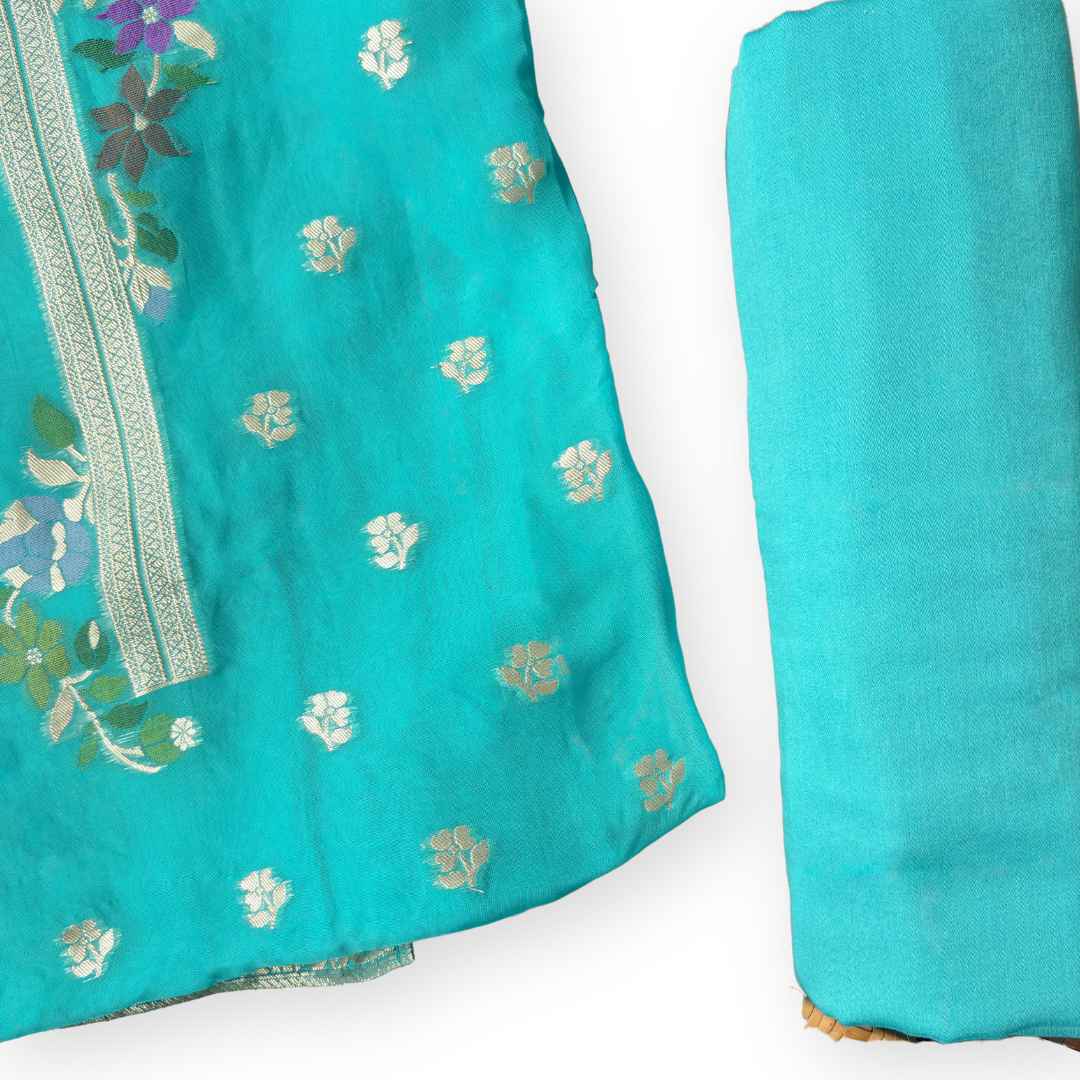 Woven Suit Set Unstitched Suit Bright Turquoise & Gold Traditional Floral Woven Organza Kurta Fabric (2.5 Meters) | and Cotton Pyjama (2.5 Meters) | Unstitched Combo Set