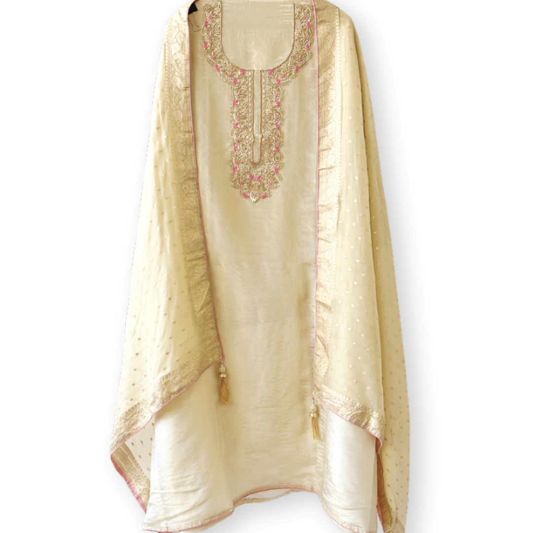 Woven Suit Set Unstitched Suit Golden Beige & Pink Hand Embroidered Woven Pure Tissue Silk Unstitched Suit Set