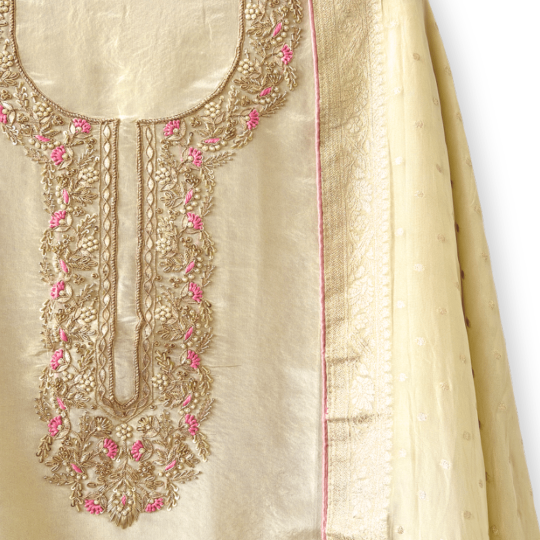 Woven Suit Set Unstitched Suit Golden Beige & Pink Hand Embroidered Woven Pure Tissue Silk Unstitched Suit Set