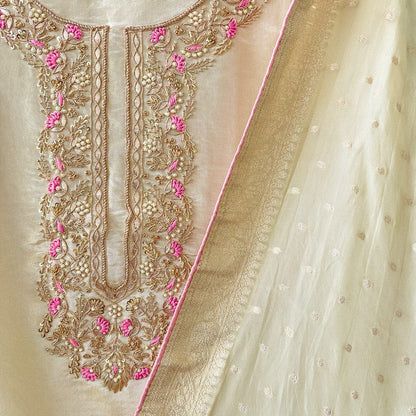 Woven Suit Set Unstitched Suit Golden Beige & Pink Hand Embroidered Woven Pure Tissue Silk Unstitched Suit Set