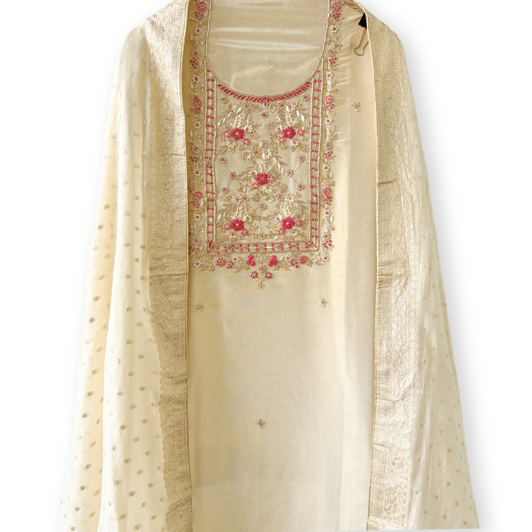 Woven Suit Set Unstitched Suit Golden Beige & Rani Hand Embroidered Woven Pure Tissue Silk Unstitched Suit Set