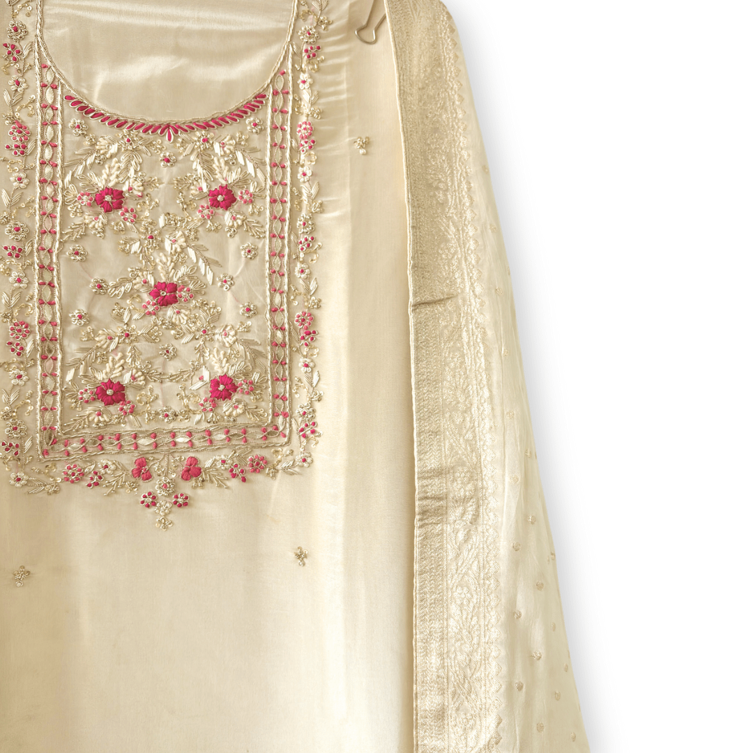 Woven Suit Set Unstitched Suit Golden Beige & Rani Hand Embroidered Woven Pure Tissue Silk Unstitched Suit Set