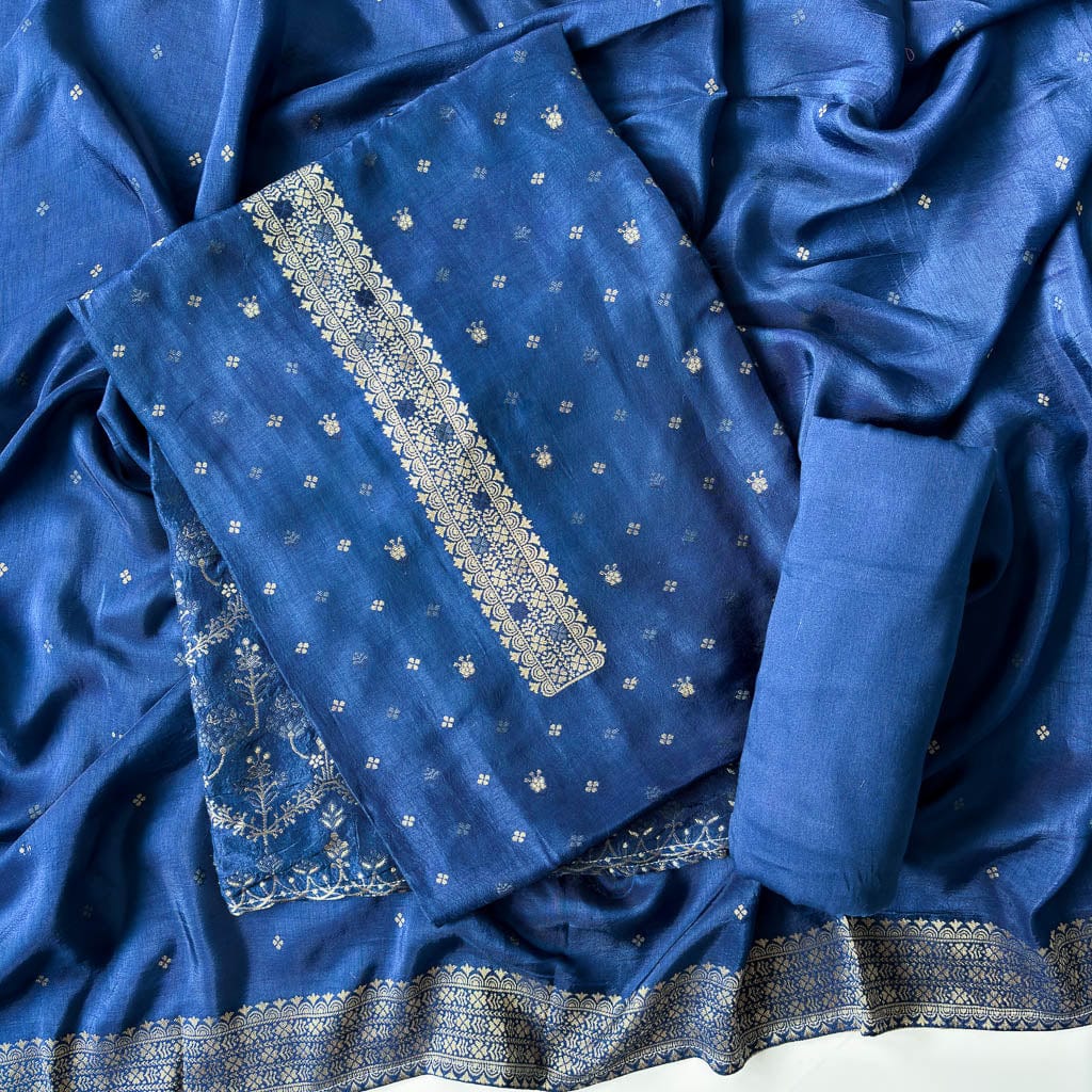 Woven Suit Set Unstitched Suit Indigo Blue Traditional Flowers Pure Russian Silk Unstitched Suit Set