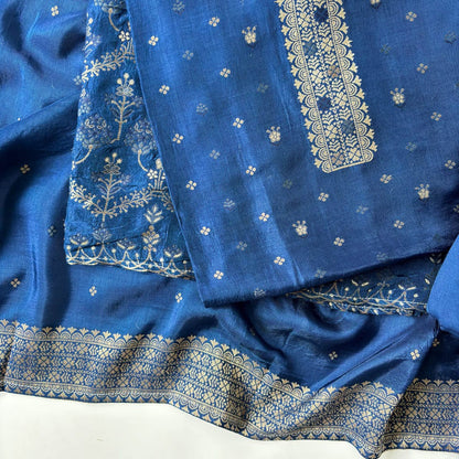 Woven Suit Set Unstitched Suit Indigo Blue Traditional Flowers Pure Russian Silk Unstitched Suit Set