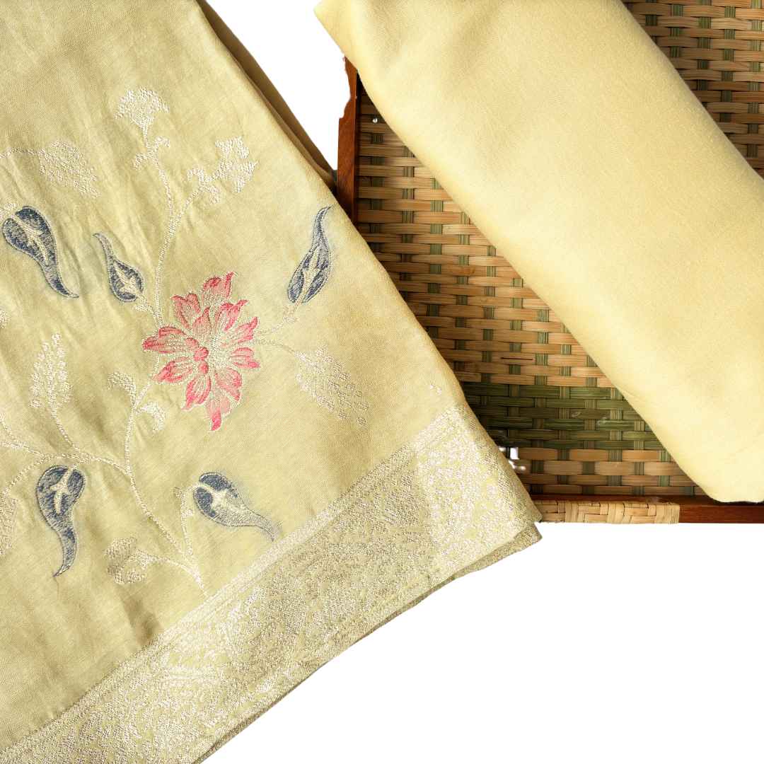 Woven Suit Set Unstitched Suit Lemon Beige Traditional floral Woven Pure Raw Silk Kurta Fabric (2.5 Meters) | and Cotton Pyjama (2.5 Meters) | Unstitched Combo Set