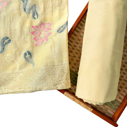 Woven Suit Set Unstitched Suit Lemon Beige Traditional floral Woven Pure Raw Silk Kurta Fabric (2.5 Meters) | and Cotton Pyjama (2.5 Meters) | Unstitched Combo Set