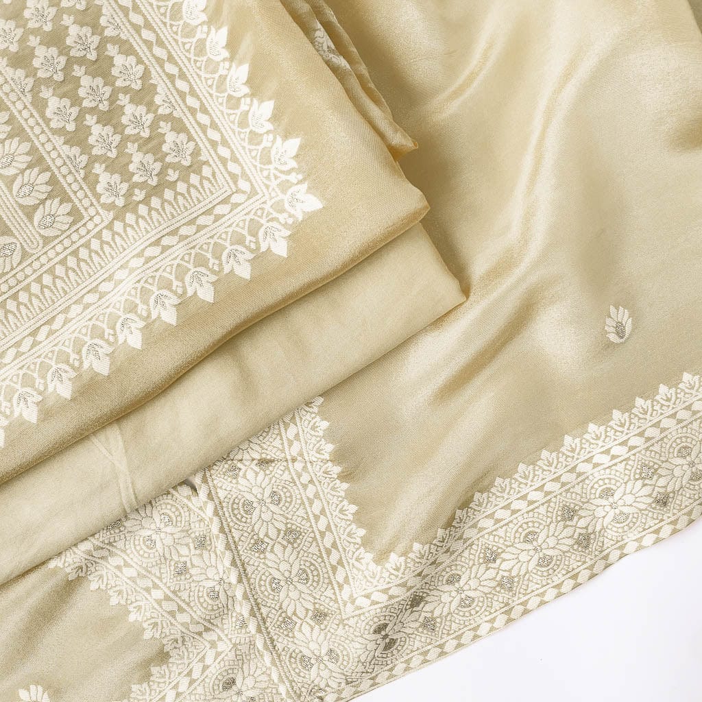 Woven Suit Set Unstitched Suit Off-White & Gold Traditional Floral Woven Tissue Silk Kurta Fabric (2.5 Meters) | and Cotton Pyjama (2.5 Meters) | Unstitched Combo Set