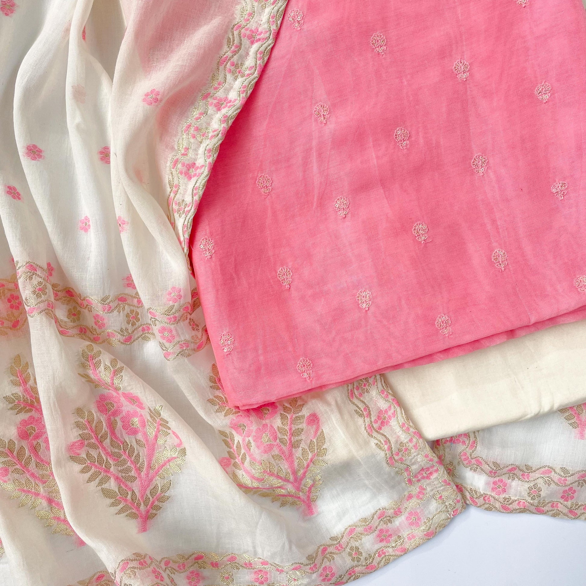 Woven Suit Set Unstitched Suit Off-White & Pink The Flower Festival Embroidered Fine Chanderi Unstitched Suit Set