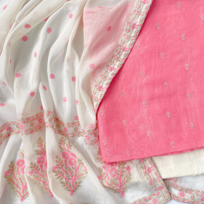 Woven Suit Set Unstitched Suit Off-White & Pink The Flower Festival Embroidered Fine Chanderi Unstitched Suit Set