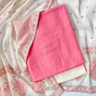 Woven Suit Set Unstitched Suit Off-White & Pink The Flower Festival Embroidered Fine Chanderi Unstitched Suit Set