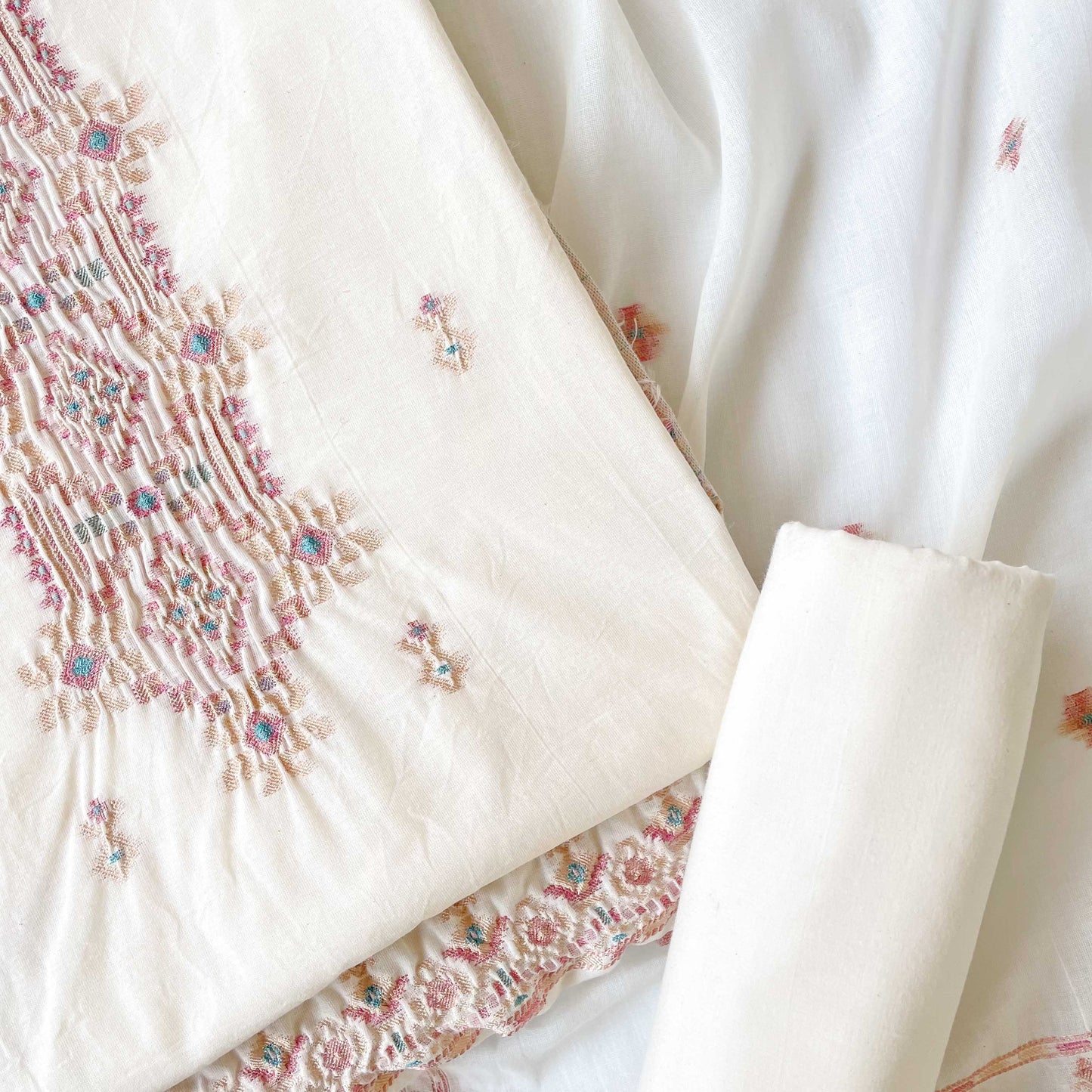 Woven Suit Set Unstitched Suit Off-White & Rose Gold Dhakai Wrinkle Jamdani Woven Pure Cotton Unstitched Suit Set