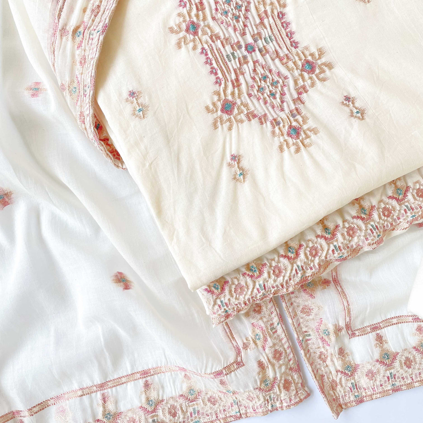 Woven Suit Set Unstitched Suit Off-White & Rose Gold Dhakai Wrinkle Jamdani Woven Pure Cotton Unstitched Suit Set